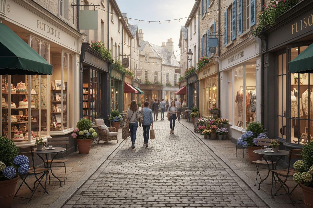 erstelle ein bild von einer strasse mit mehreren läden